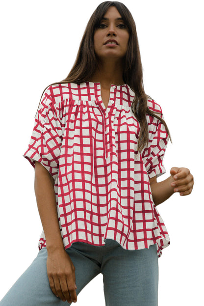 Red Stripe Plaid Button Placket Split Neck Half Sleeve Blouse