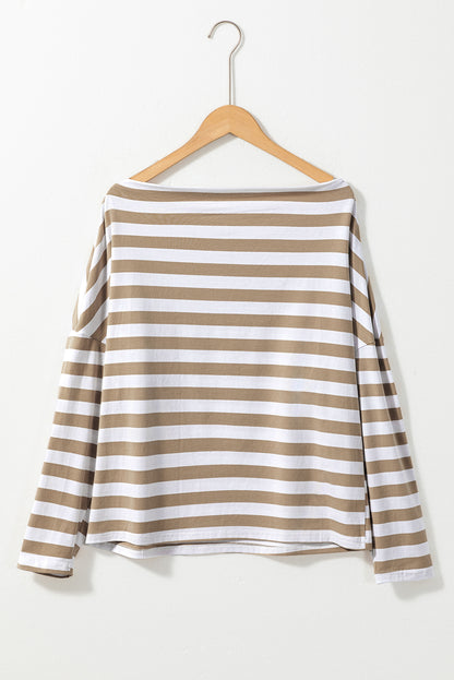 Khaki Striped Boat Neck Long Sleeve Top