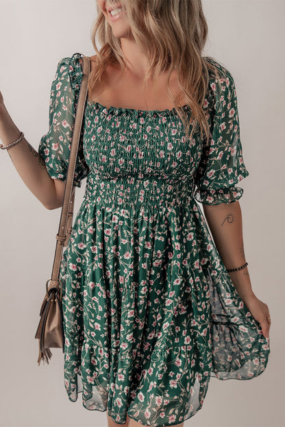 Green Smocked Square Neck Puff Short Sleeve Floral Mini Dress
