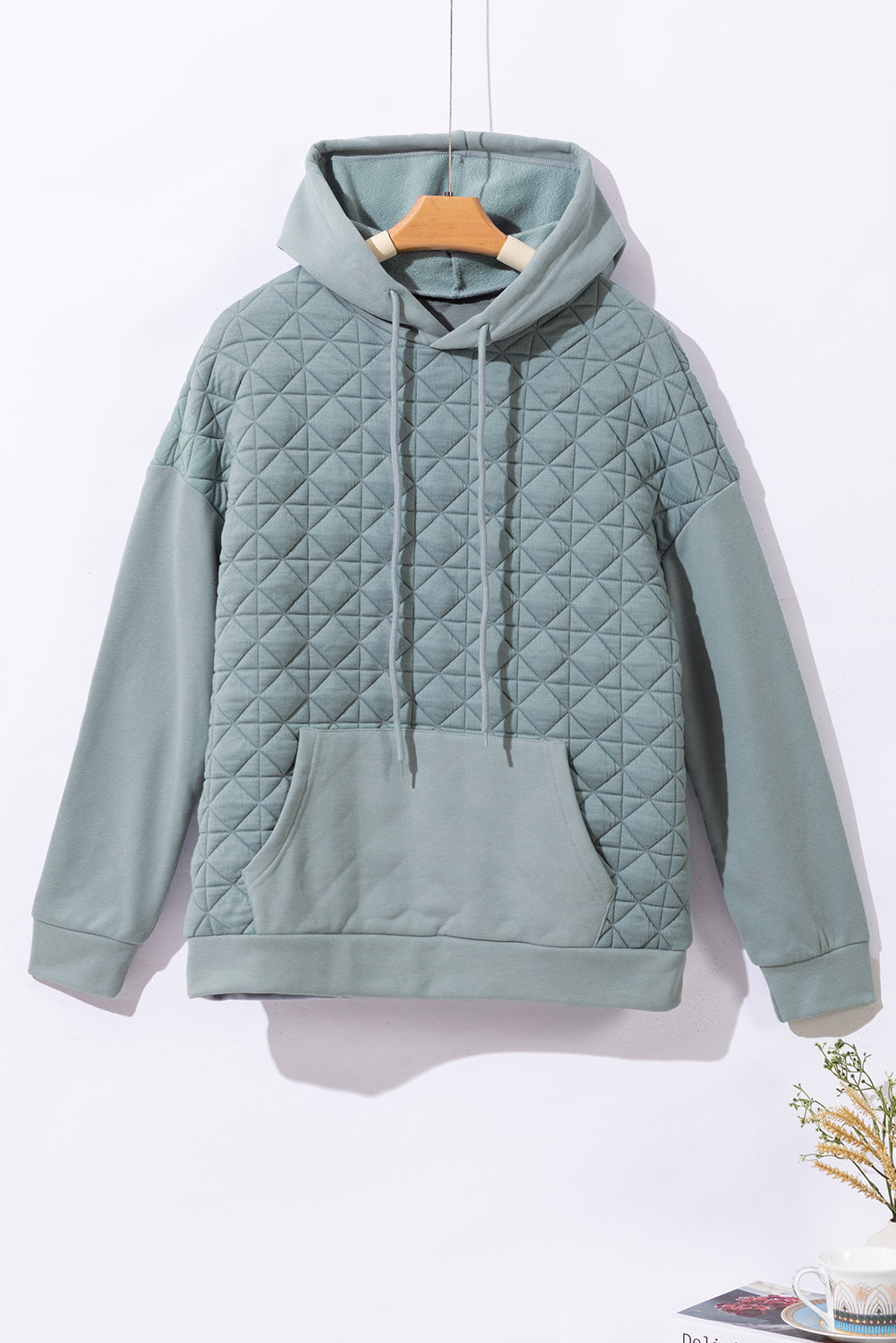 Light Grey Drop Shoulder Quilted Patchwork Kangaroo Pocket Hoodie