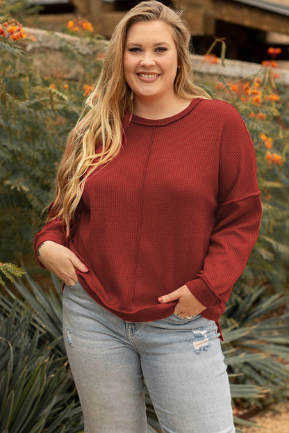 Gold Flame Exposed Seam Detail Waffle Knit Plus Size Top