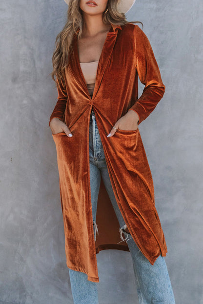 Brown Retro Velvet Long Sleeve Pocket Coat