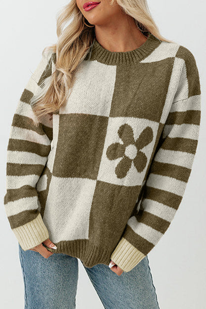 Green Checkered Floral Print Striped Sleeve Sweater