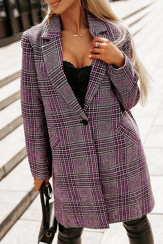 Pink Plaid Lapel Collar One Button Midi Coat