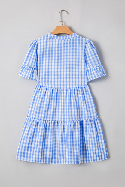 Sky Blue Gingham Short Sleeve Button Tie Split Neck Loose Mini Dress