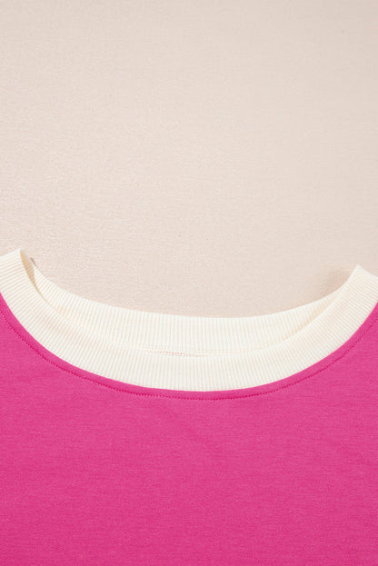 Rose Red Color block Edge Drop Shoulder T Shirt and Skirt 2Pcs Set