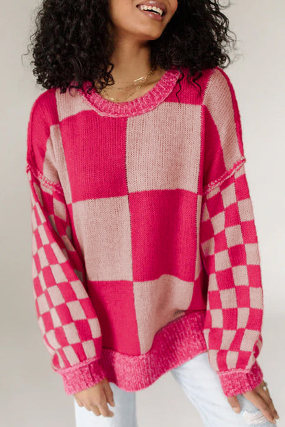 Rose Red Mixed Checkered Pattern Drop Shoulder Loose Sweater