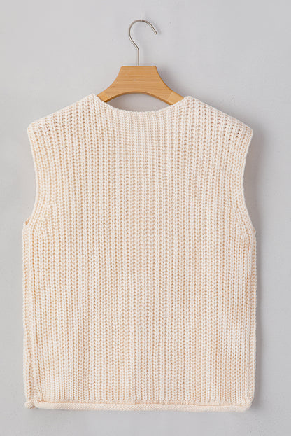 White Solid Textured Knit Side Pockets Buttoned Sweater Vest