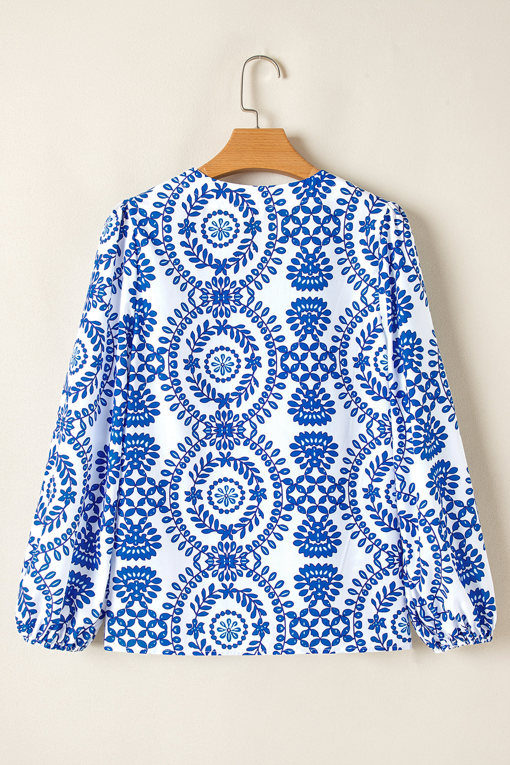 Sky Blue Vintage Geometric Printed Puff Sleeve Slit V Neck Shirt