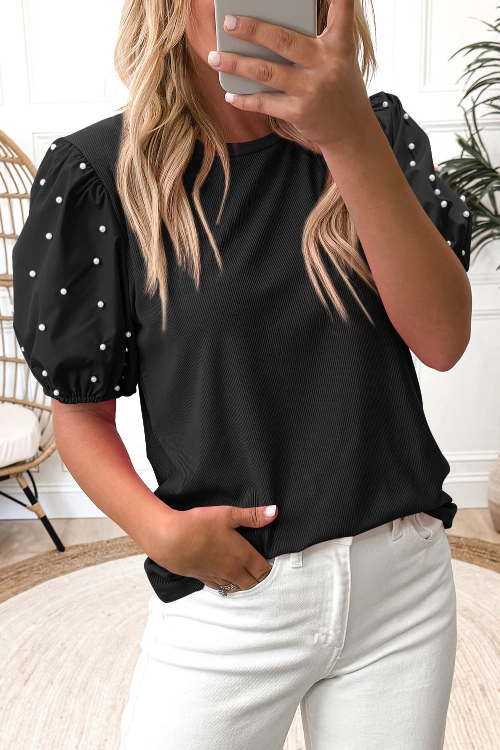 Women's Black Puff Sleeve Top, Pearl Top front view