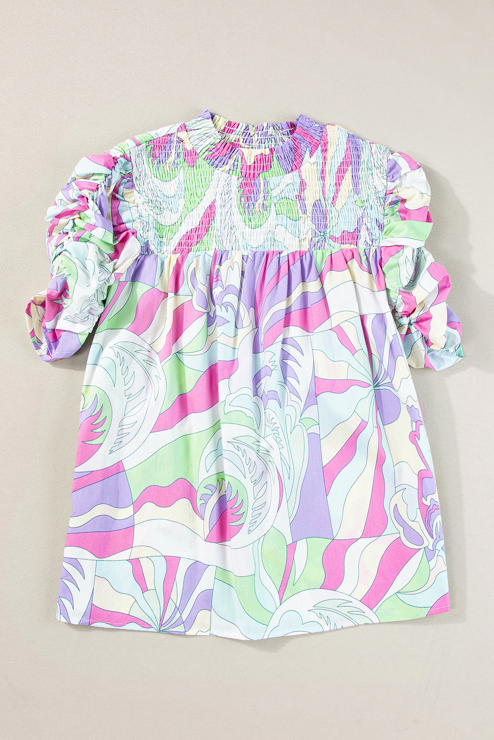 Green Abstract Print Bubble Sleeve Smock Detail Blouse