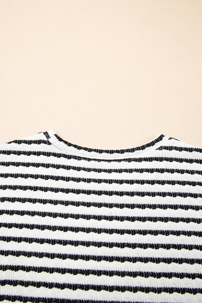 Black Stripe Knitted Short Sleeve Top and Drawstring Shorts Set