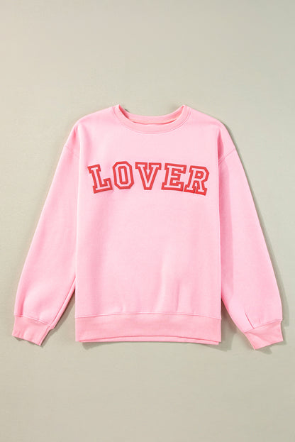 Pink LOVER Puff Print Drop Shoulder Pullover Sweatshirt