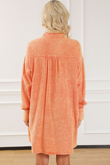 Orange Crinkled Dual Chest Pocket Oversized Shirt Dress