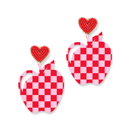 Red & Pink Check Acrylic Apple Earrings