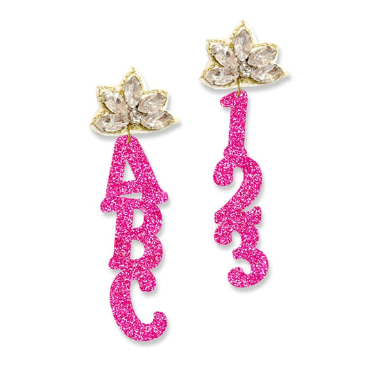 Hot Pink Glitter Acrylic ABC Earrings