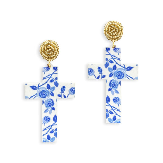 Blue Floral Cross Earrings