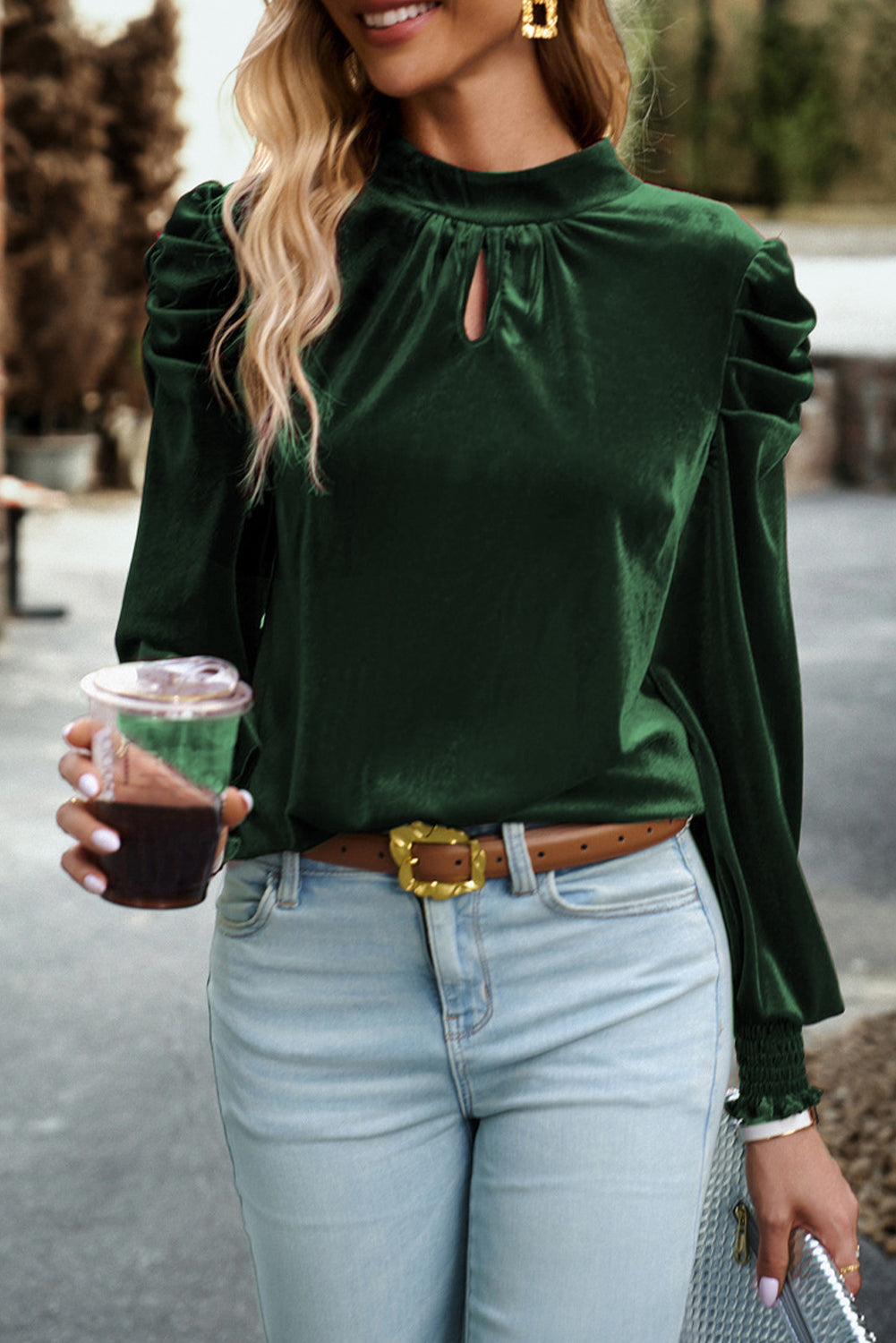 Blackish Green Mock Neck Puff Sleeve Velvet Blouse