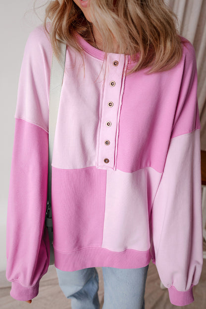 Pink Colorblock Henley High Low Oversize Sweatshirt