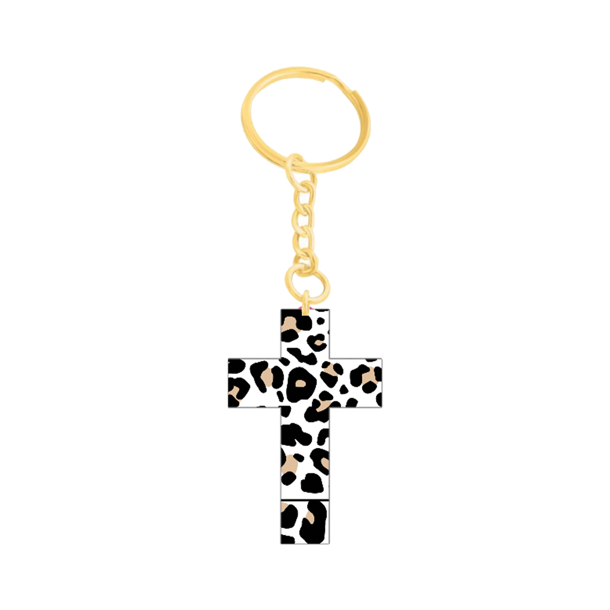 White Leopard Print Cross Keychain