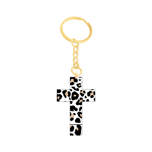 White Leopard Print Cross Keychain