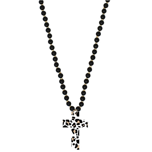 White Leopard Print Cross Black Jennifer Necklace