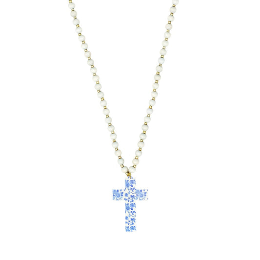 Blue Floral Cross White Jennifer Necklace