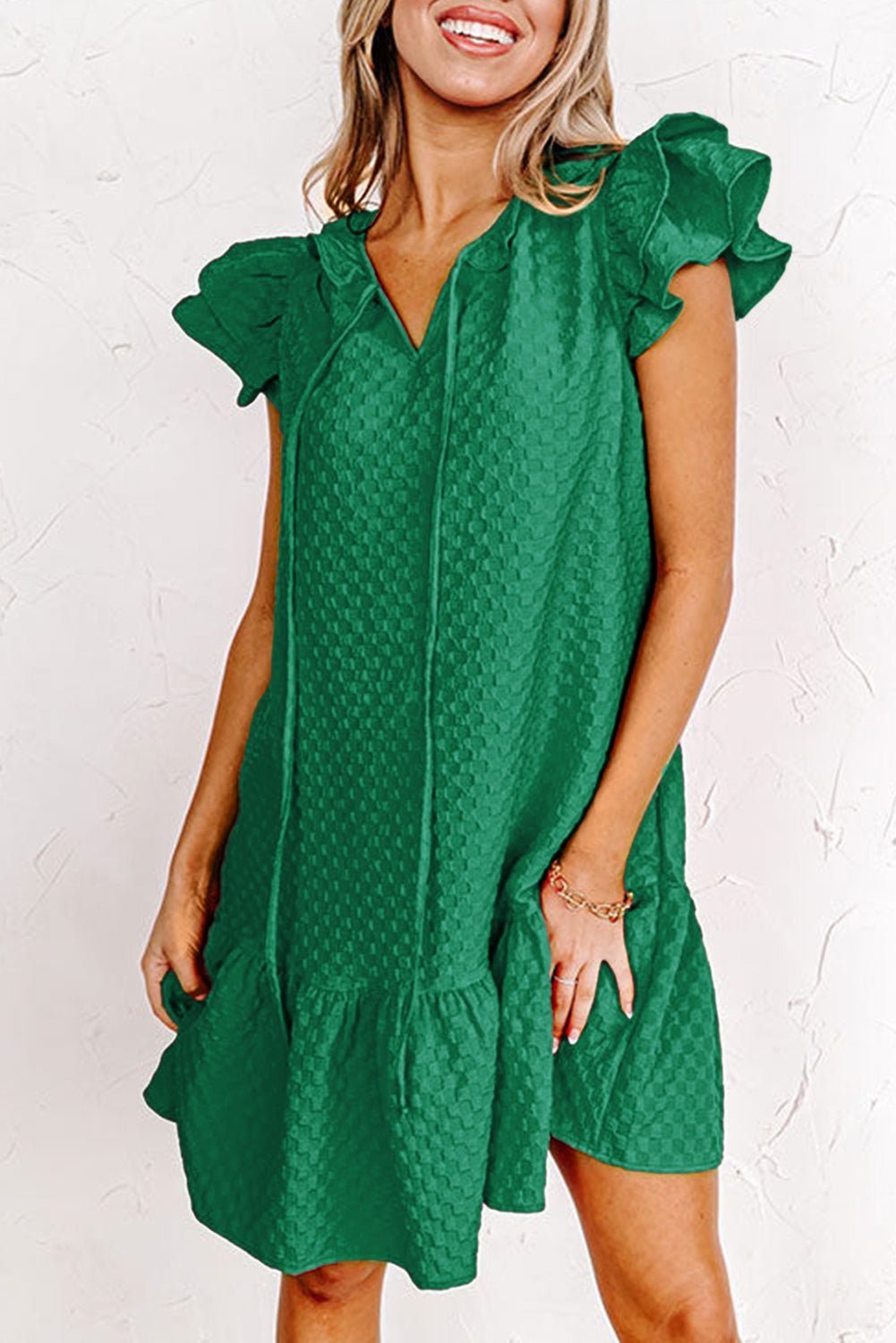 Blackish Green Flutter Sleeve Ruffled Textured Shift Dress