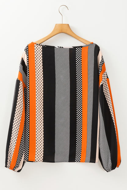 Orange Polka Dot Vertical Striped Printed Puff Sleeve Blouse