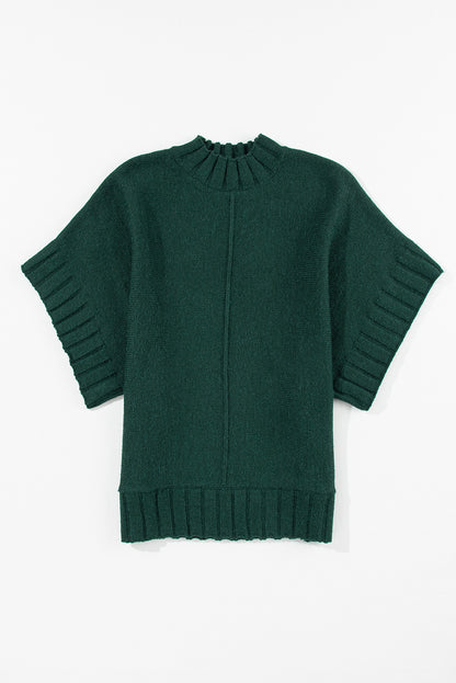 Blackish Green Mock Neck Batwing Short Sleeve Knit Sweater