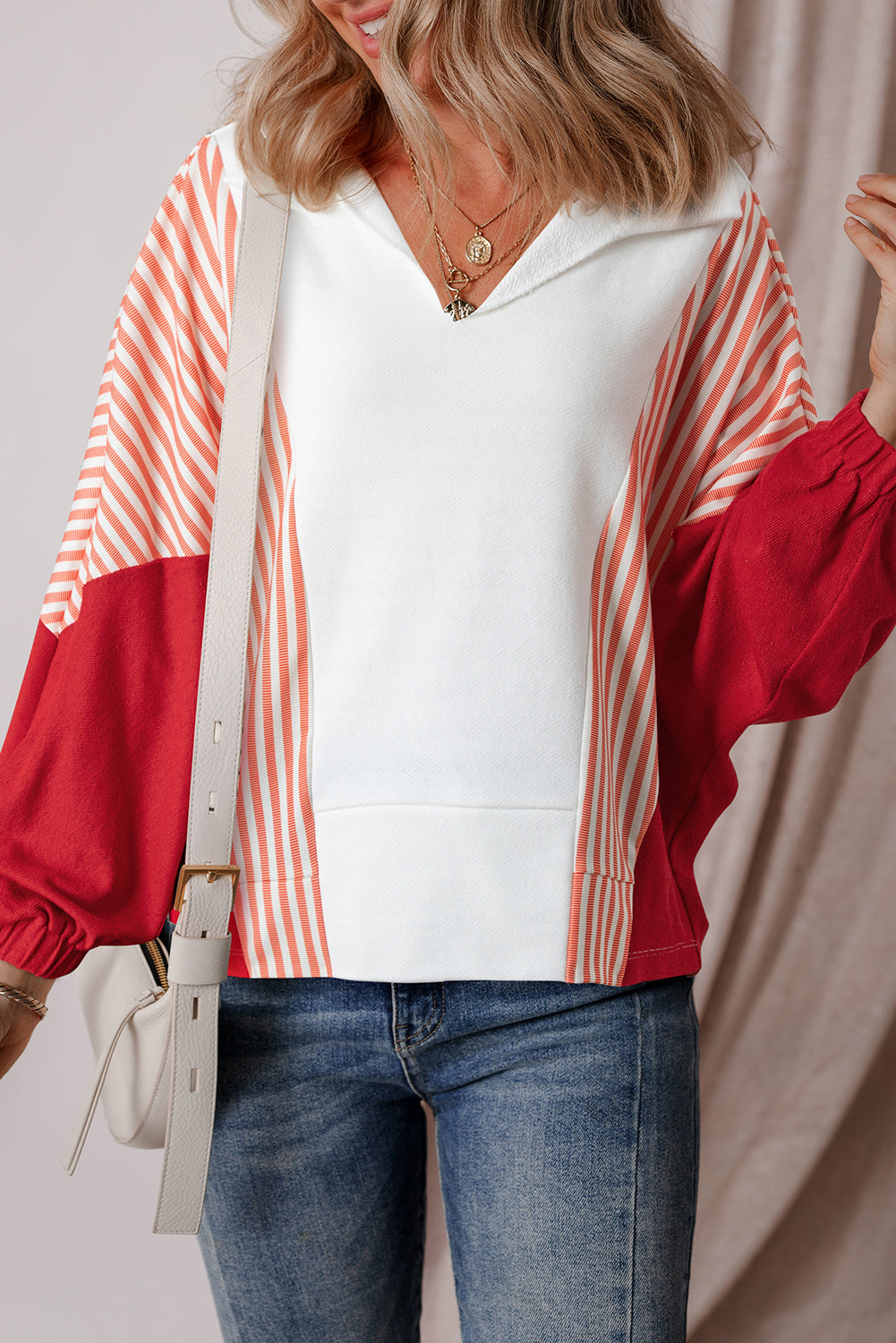 White Striped Color Block Collared V Neck Oversized Sweatshirt