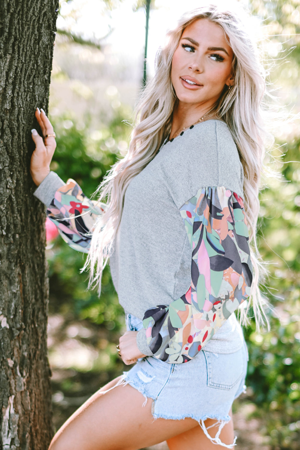 Gray Floral Lantern Sleeve Patchwork Buttoned V Neck Top