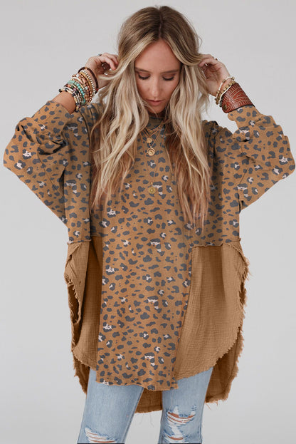 Brown Printed Raw Edge Leopard Patchwork Oversized Blouse