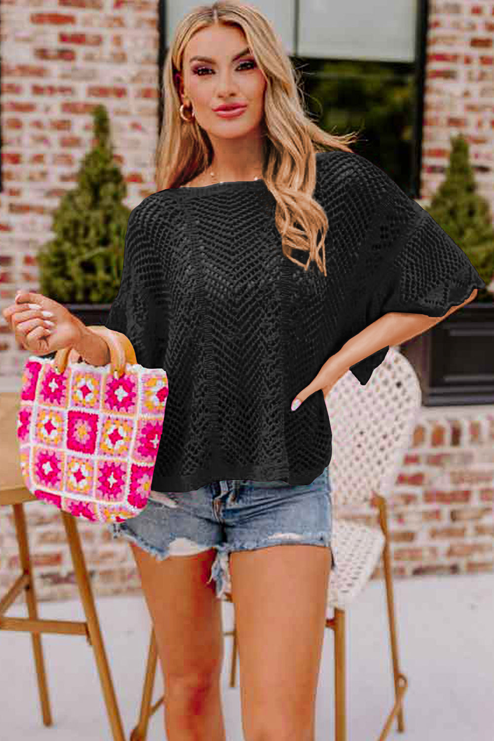 Black Pointelle Knit Scallop Edge Short Sleeve Top