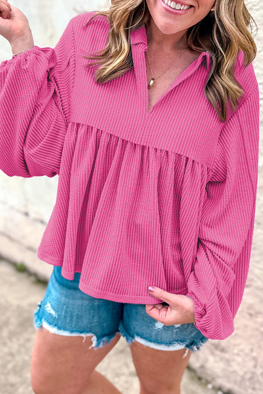 Bright Pink Corded Turn-down V Neck Bubble Sleeve Babydoll Blouse