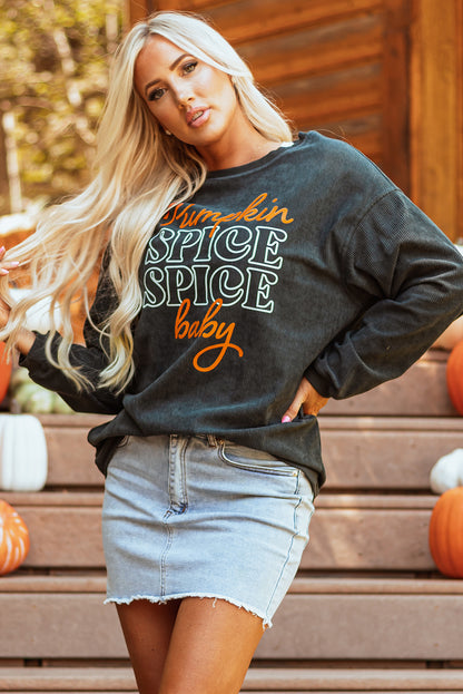 Dark Grey Halloween Pumpkin Spice Baby Graphic Textured Sweatshirt