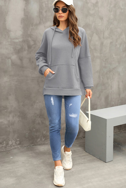 Gray Waffle Knit Fleece Lined High Low Oversized Hoodie