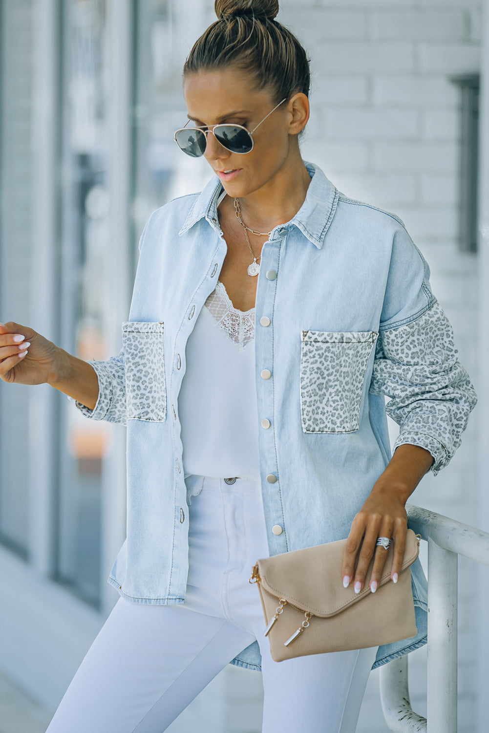 Sky Blue Contrast Leopard Denim Jacket