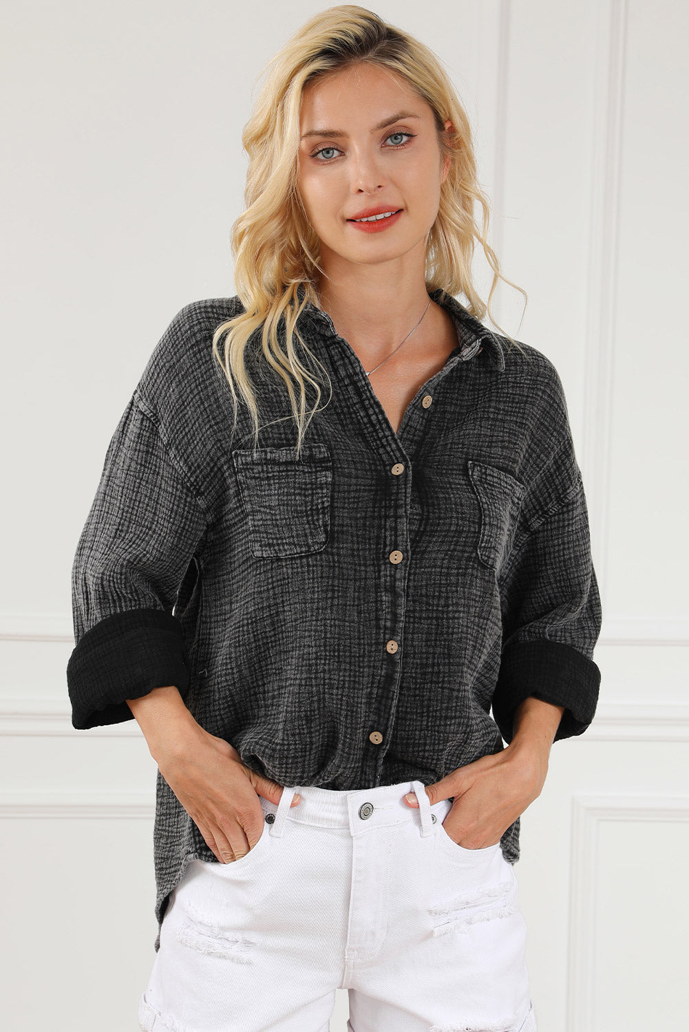 Black Mineral Wash Crinkle Textured Chest Pockets Shirt