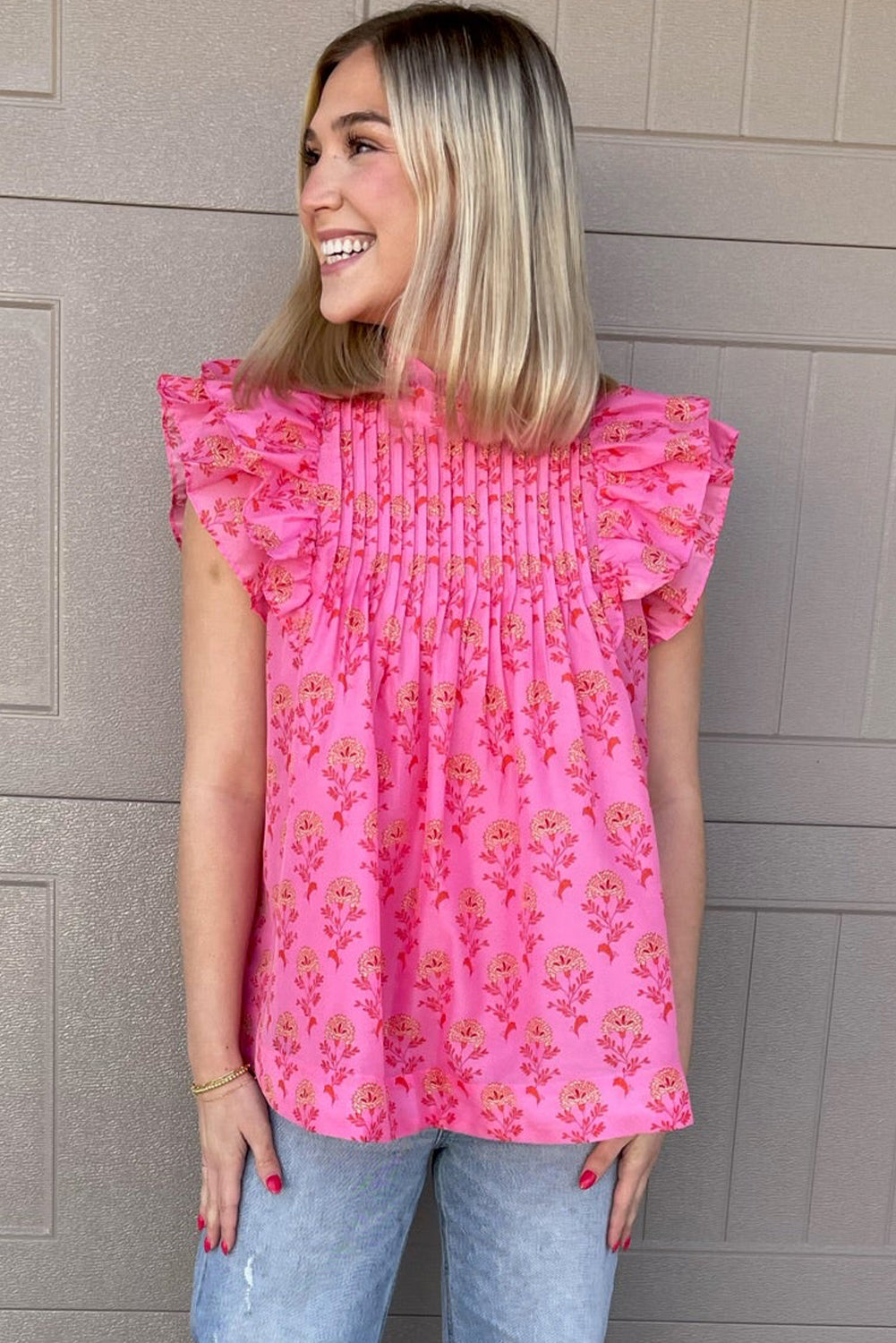 Rose Red Floral Print Pleated Ruffled Flutter Sleeve Blouse