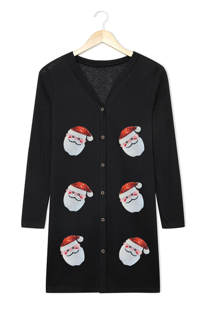 Black Sequined Santa Claus Button Up Cardigan