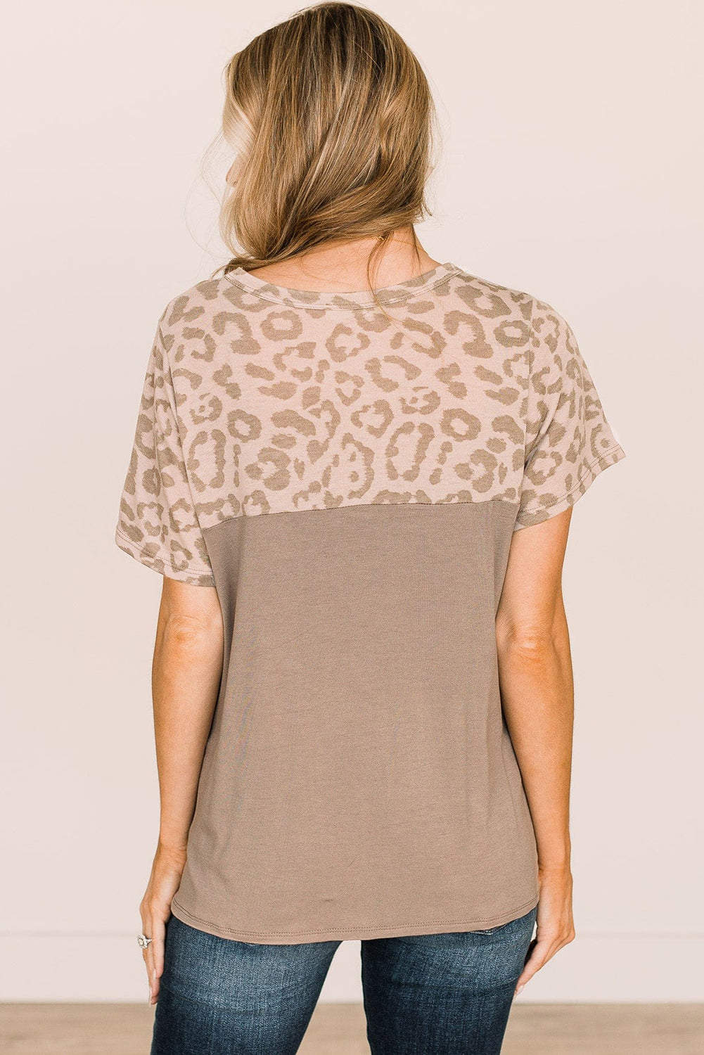 Khaki Leopard Yoke Color Block T Shirt