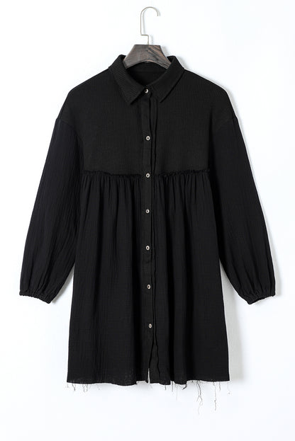 Black Patchwork Crinkle Puff Sleeve Shirt Dress