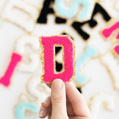 Hot Pink Gold Glitter Varsity Letter Patch