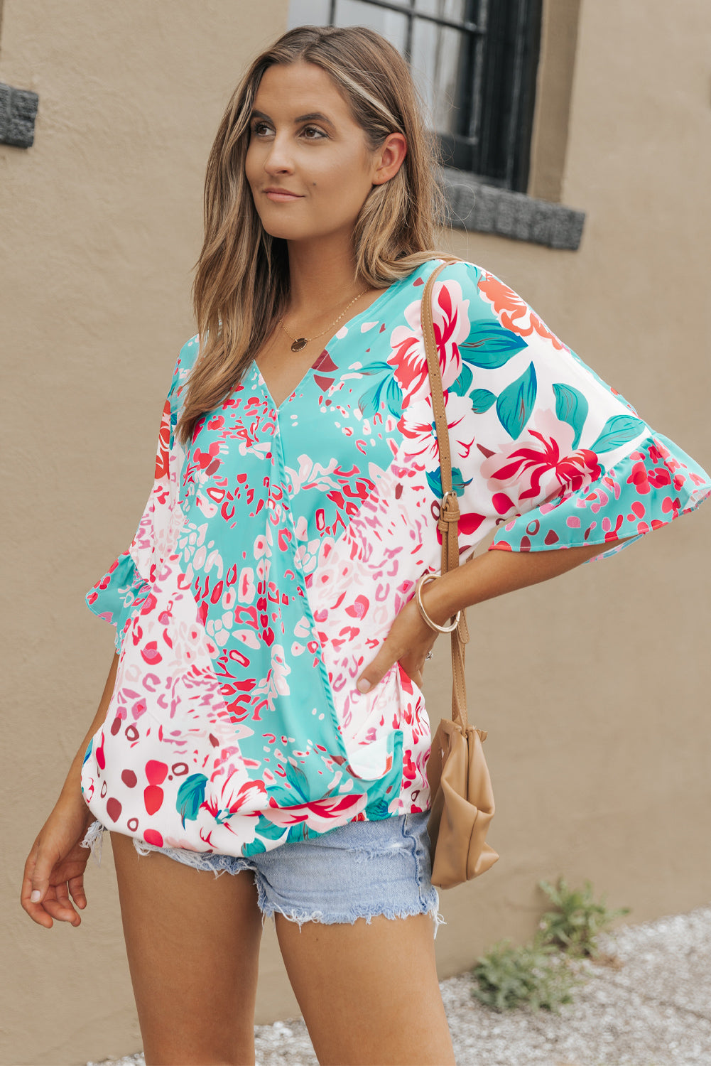 Multicolor Leopard Floral Mixed Print Ruffle Sleeve Surplice Blouse