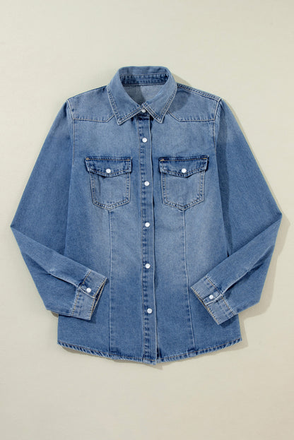 Dusk Blue Flap Pockets Slim Buttoned Denim Shirt