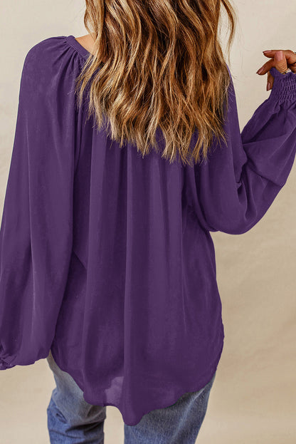 Purple Pleated V Neck Puffy Sleeve Blouse