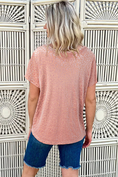 Pink Burnout Velvet Leopard Print Short Sleeve Top