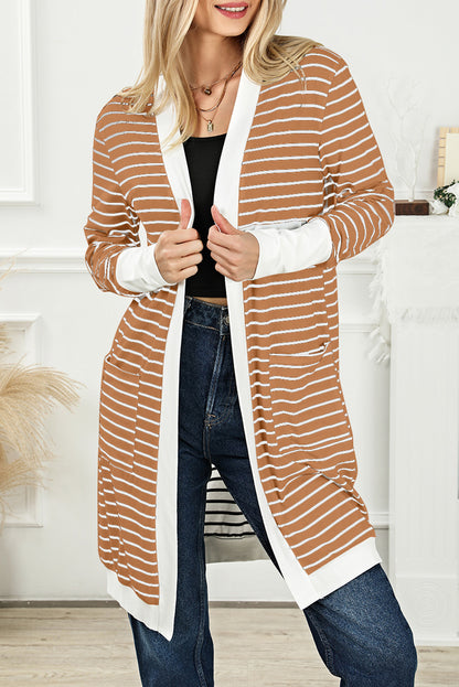 Brown Striped Side Pockets Open Front Cardigan