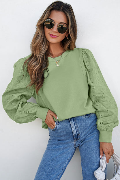 Mist Green Solid Patchwork Sleeve Round Neck Sweatshirt